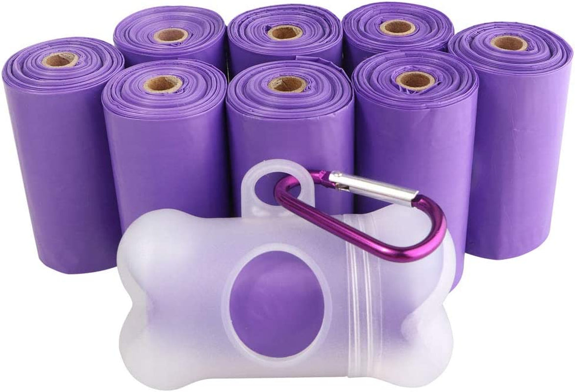 Dog Poop Bags - Leak-Proof Dog Waste Bags, Clean up Pet Poo Bag Refills 9 Rolls /135 Count, (Purple) Includes Free Bone Dispenser and D-Ring Carabiners Clip