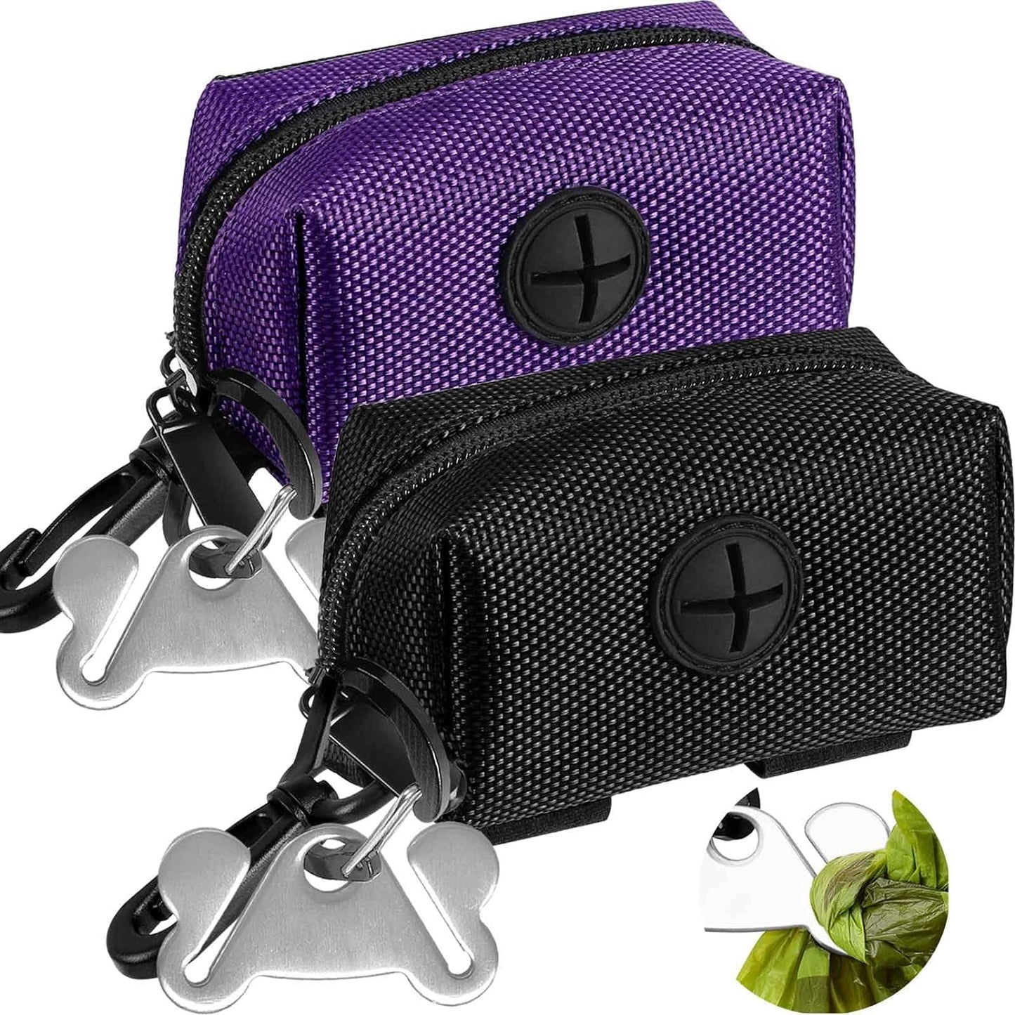 2Packs Dog Poop Bag Holder for Leash Attachment Dog Poop Bag Dispenser Dog Waste Bag Dispensers for Leash Accessory Dog Poop Bag Holders Dispensers & Hand Free Holder Metal Carriers, Black&Purple